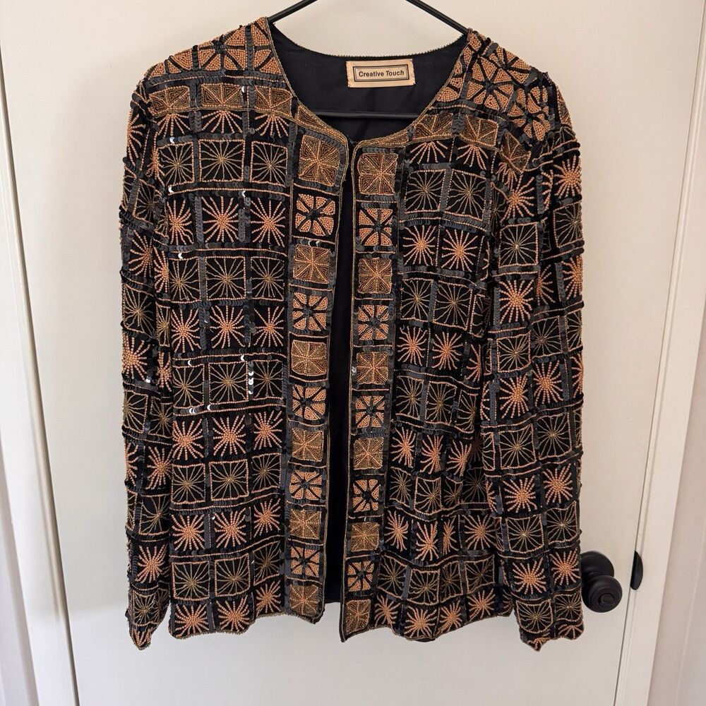 Vintage Creative Touch Beaded Sequin Jacket Art Deco Geometric Orange/Black 80s
